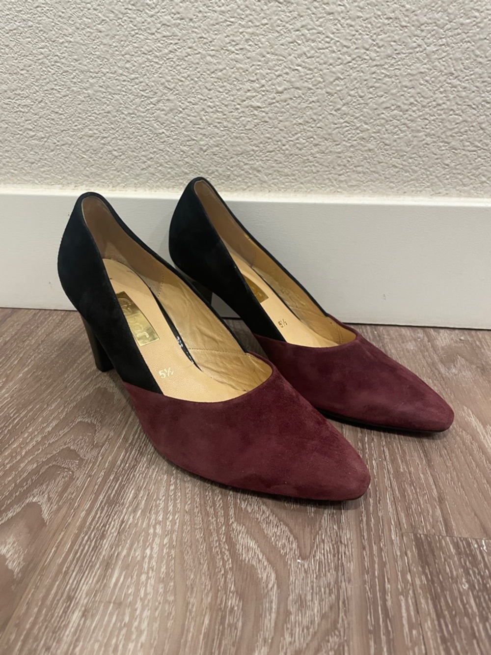 Gabor Burgundy and Black Suede Pointed Toe Pumps